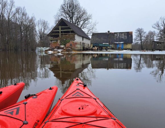 Baidarėmis per potvynį pamaryje: kirvukas keliui skirtis ir pelkininkų trobos